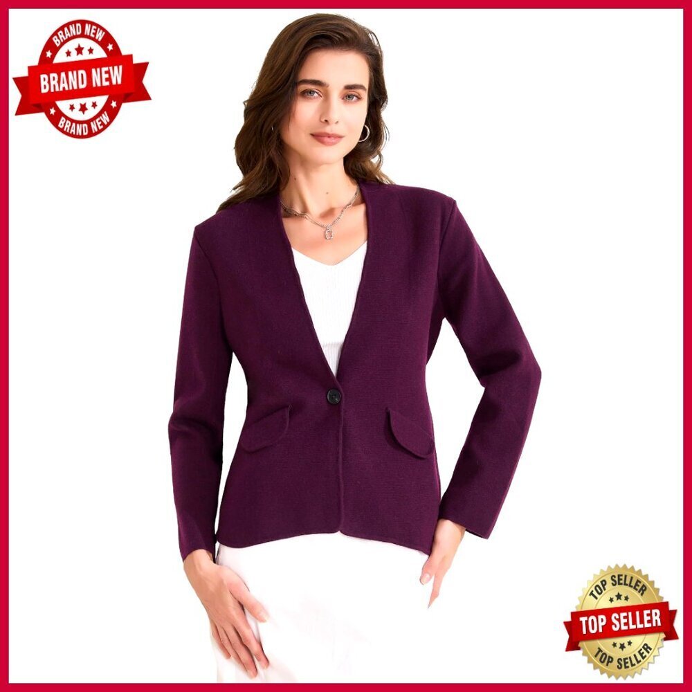 Wool Blend Blazer Collarless One Button Business Jacket Regular Fit